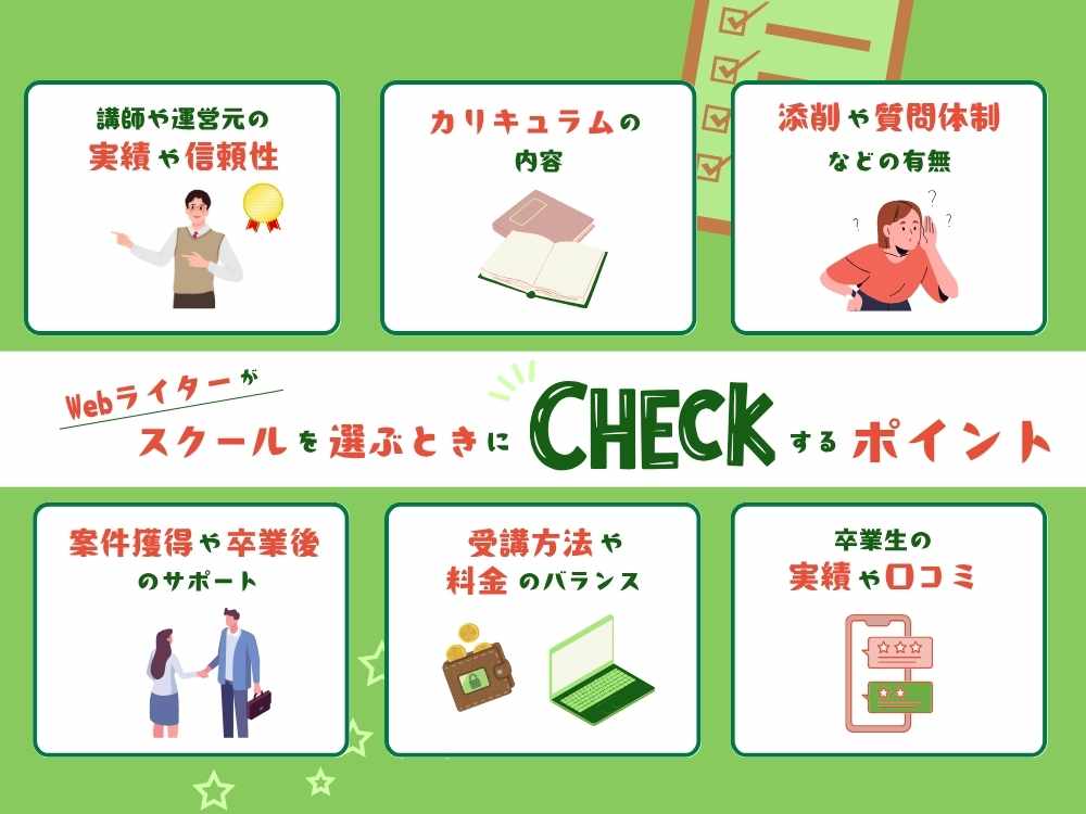 Webライタースクールを選ぶときにチェックしたいポイント ・講師や運営元の実績・信頼性 ・カリキュラムの内容 ・添削・フィードバック・質問体制の有無 ・案件獲得・卒業後のサポート