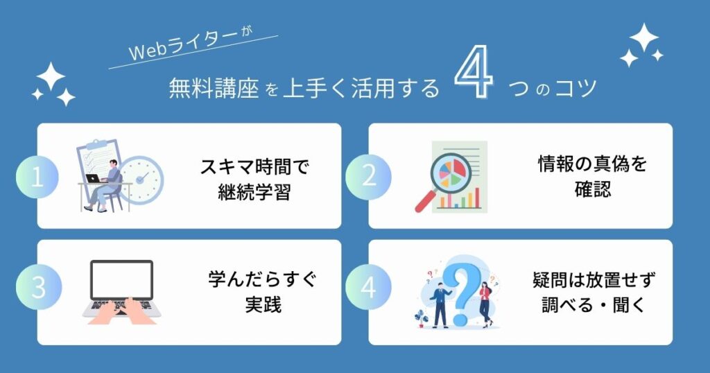 「Webライターが無料講座を上手く活用するコツ」のアイキャッチ

・隙間時間を活用して継続的に学ぶ
・情報の正確性を自分で確認する
・学んだ内容をすぐに実践する
・分からない部分や疑問点を放置しない